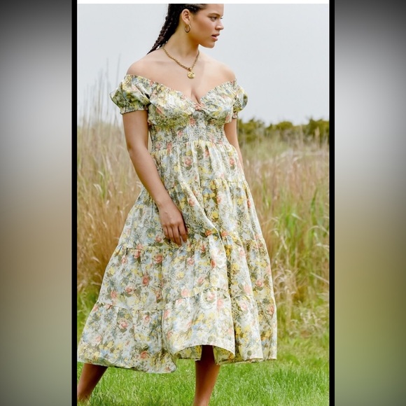 New! DANIELLE BERNSTEIN 3X Floral smocked Midi Dress in Multicolor Pastels. - Picture 9 of 12